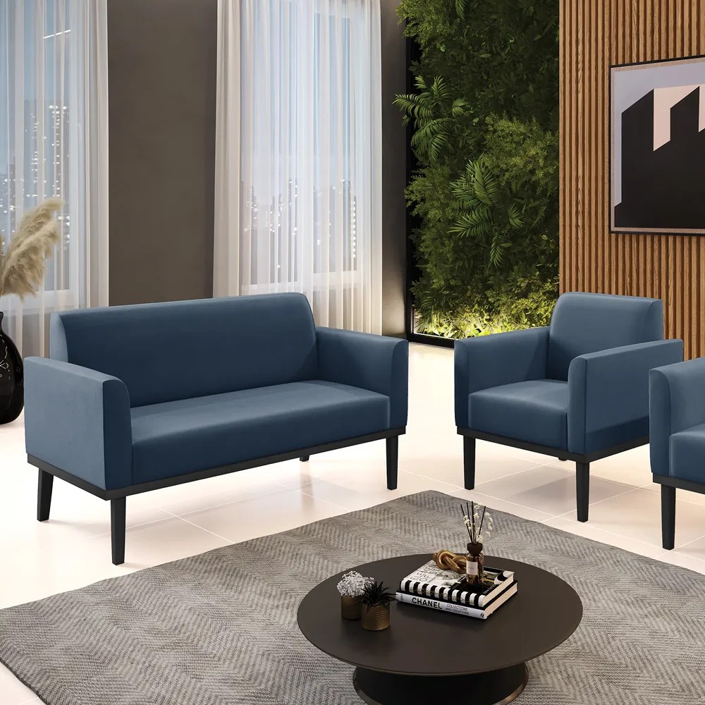 Sofá Namoradeira com Poltrona Base de Madeira Fixa Preto Marisa Suede  D03 - D'Rossi - Azul Marinho