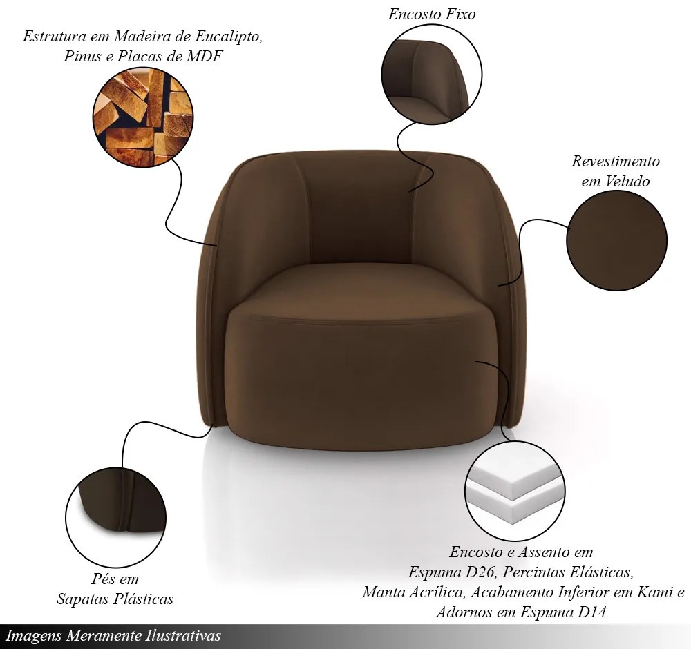 Poltrona Decorativa Sala de Estar Clarke Veludo Marrom G45 - Gran Belo