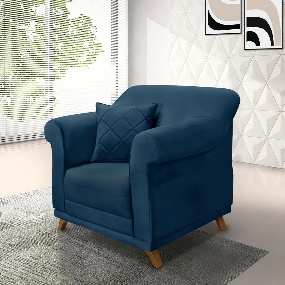Poltrona Decorativa com 1 Almofada Armstrong Veludo Azul Marinho G63 - Gran Belo