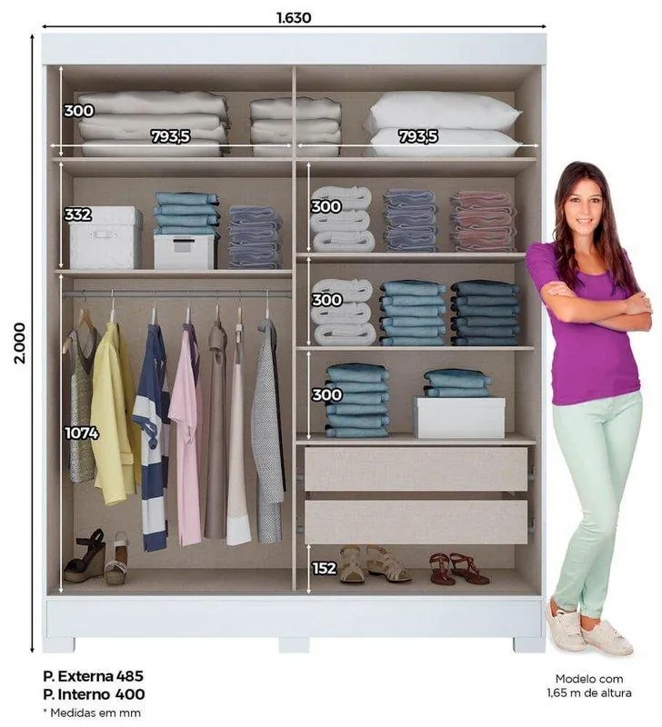 Roupeiro Briz 2 Portas Deslizantes 2 Gavetas - Branco / Rosa Chá