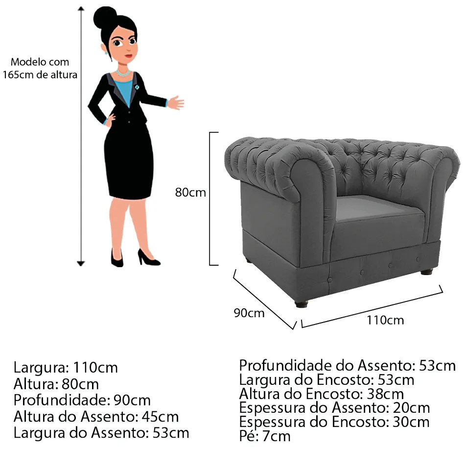 Poltrona Decorativa Chesterfield Ana Corano Cinza - ADJ Decor