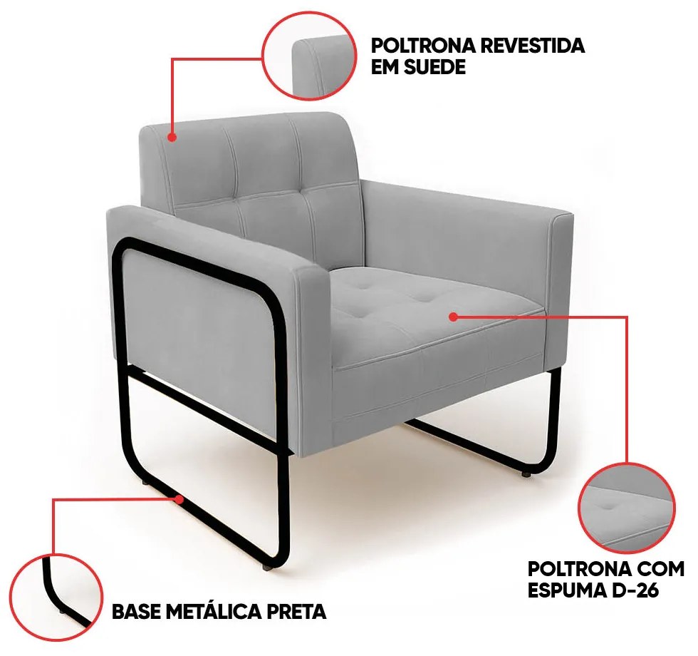 Poltrona Sala Industrial Alta Tubo Preto Elisa Suede D03 - D'Rossi - Cinza