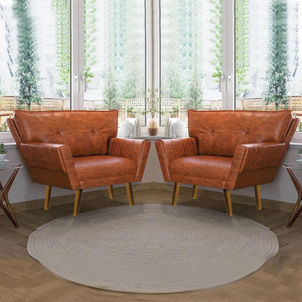 Poltrona Sala Pé de Madeira Kit 2 Anitta Sintético PU Nozes D03 - D'Rossi