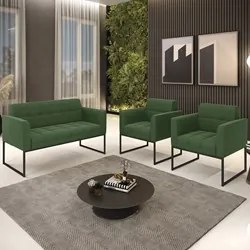 Sofá Namoradeira e 2 Poltronas Base Industrial Preto Ana Suede Verde -
