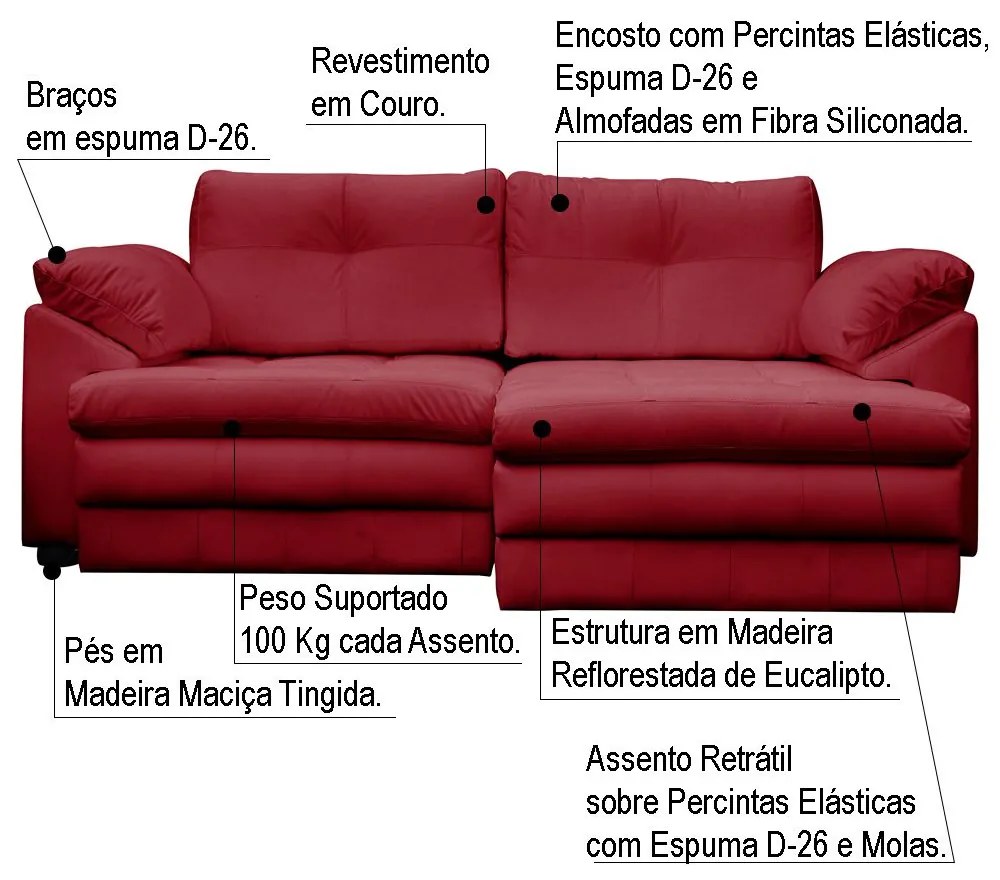 Sofá Retrátil 3 Lugares Bipartido Sala de Estar Piece 215cm Couro Vermelho - Gran Belo