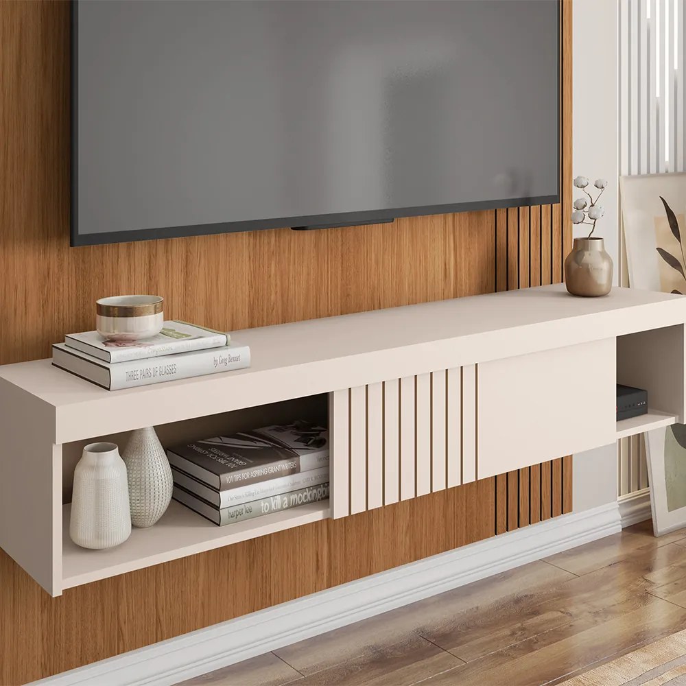 Painel TV 55 Pol 150cm Bancada Suspensa Ripado Luana Freijó/Off White C01 - D'Rossi