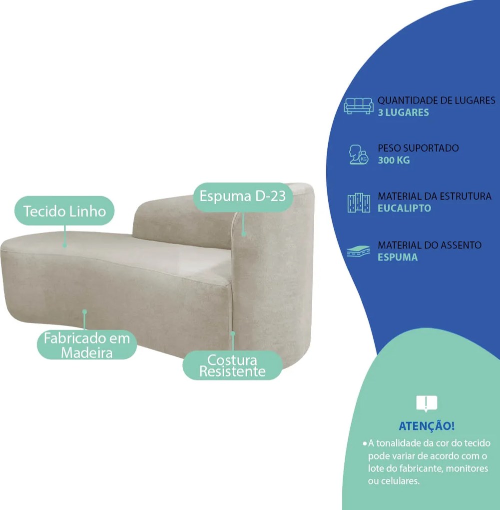 Kit Divã Recamier Orgânico França 200cm Lado Esquerdo e 2 Poltronas Amore Linho