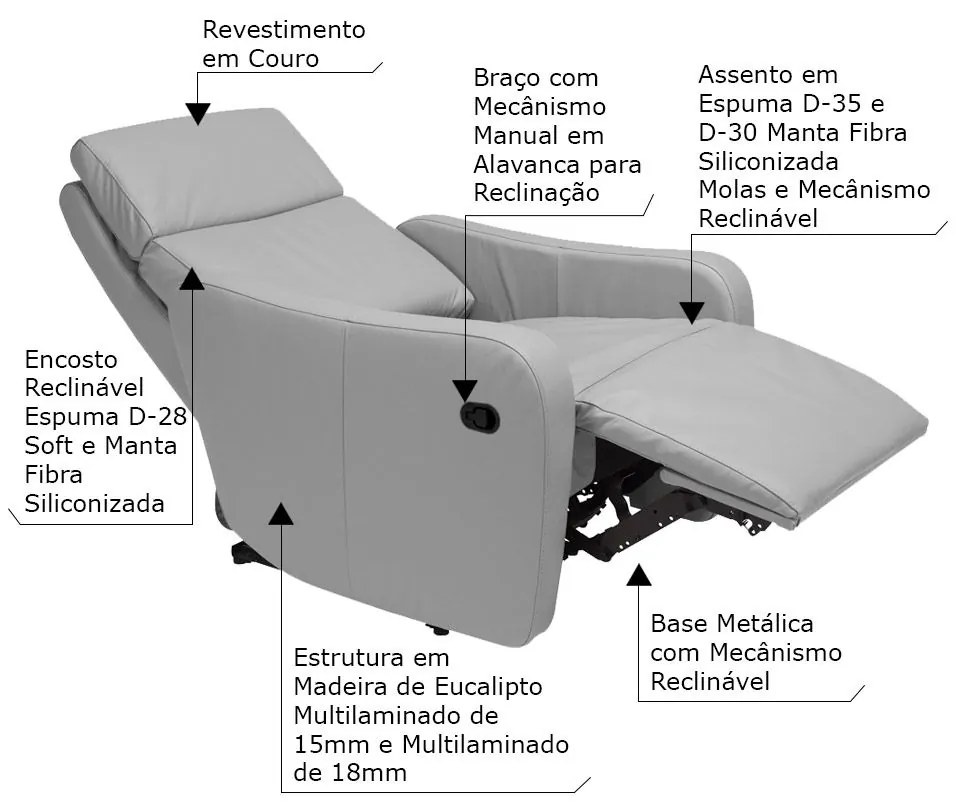 Poltrona Decorativa Reclinável Manual Moroni Couro Cinza G43 - Gran Belo