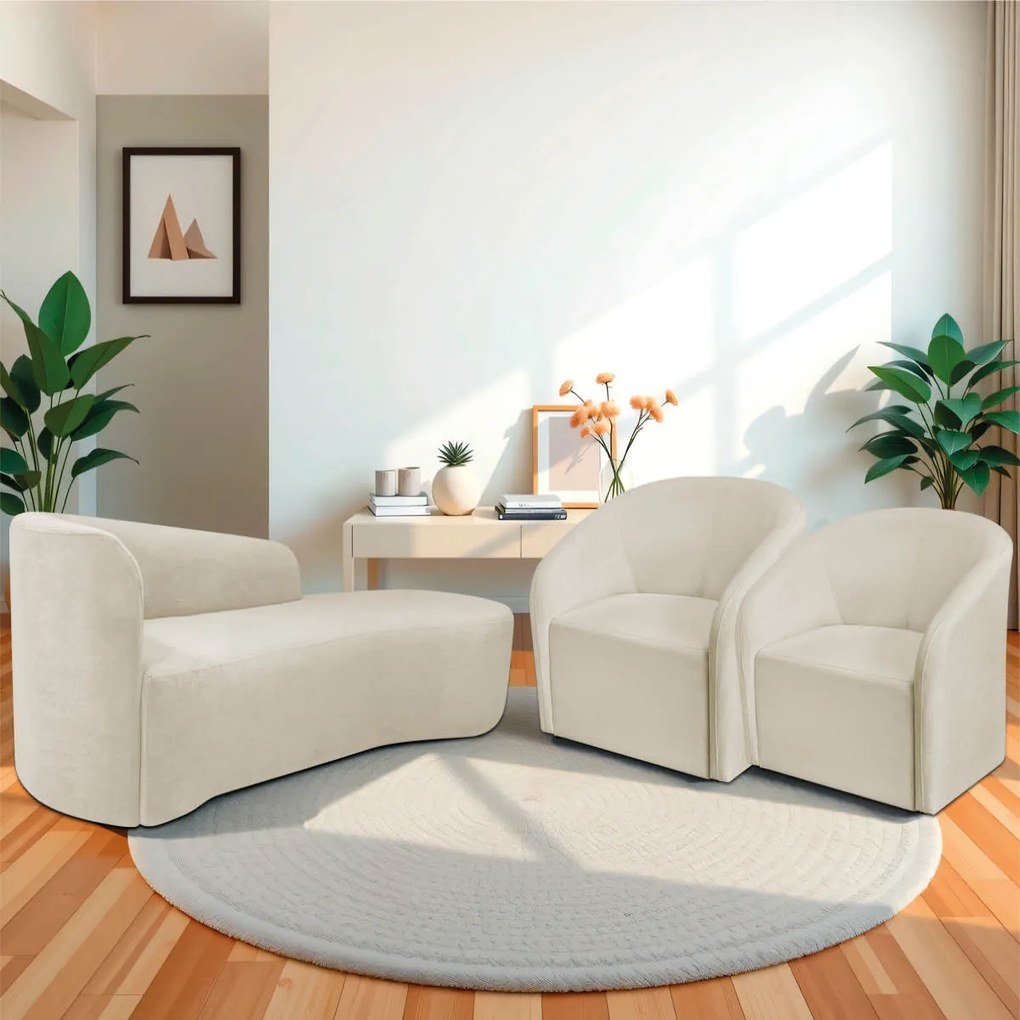 Kit Sofá Curvo França 140cm LD. e 2 Poltronas Luiza Max Conforto, Elegância e Design Moderno Bouclé