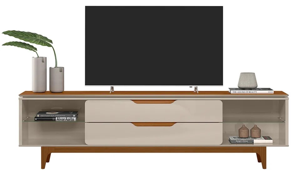 Rack Bancada Decorativo Luanda MDP/MDF TV até 85 Polegadas Gavetas Whisky/Off White G77 - Gran Belo