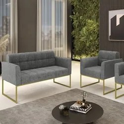 Sofá Namoradeira e 1 Poltrona Base Industrial Dourado Ana Linho Grafit