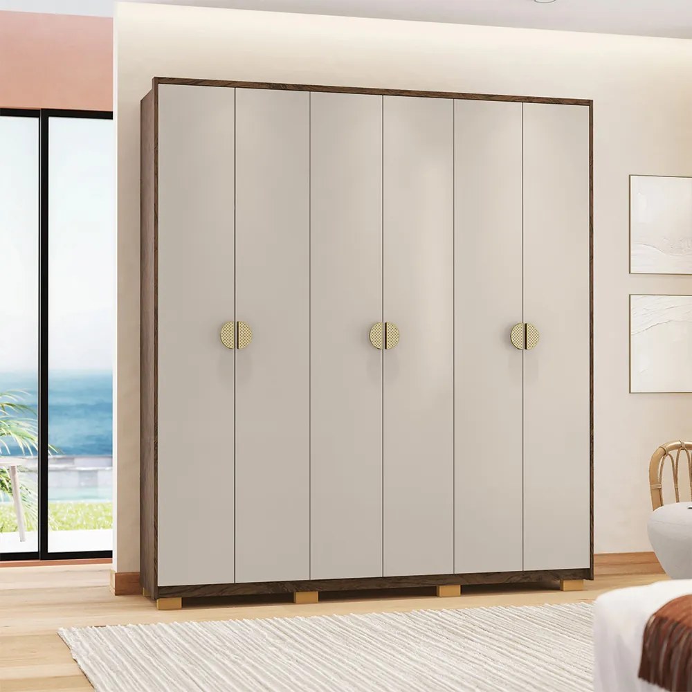 Guarda Roupa Casal Marlin 6 Portas de Bater 4 Gavetas com Nichos MDF Nogueira/Fendi G98 - Gran Belo