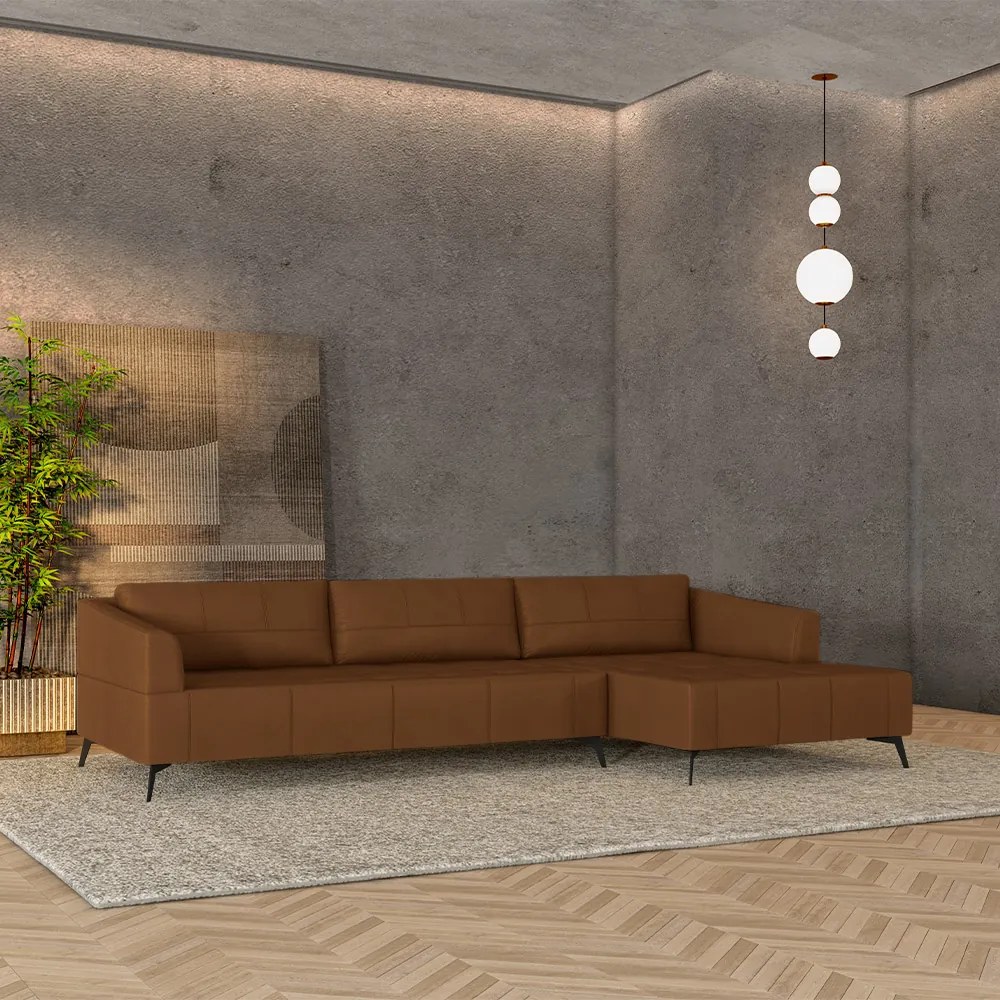 Sofá Bipartido Sala de Estar Kiara 312cm Chaise Direito Pés de Ferro Couro Caramelo G52 - Gran Belo