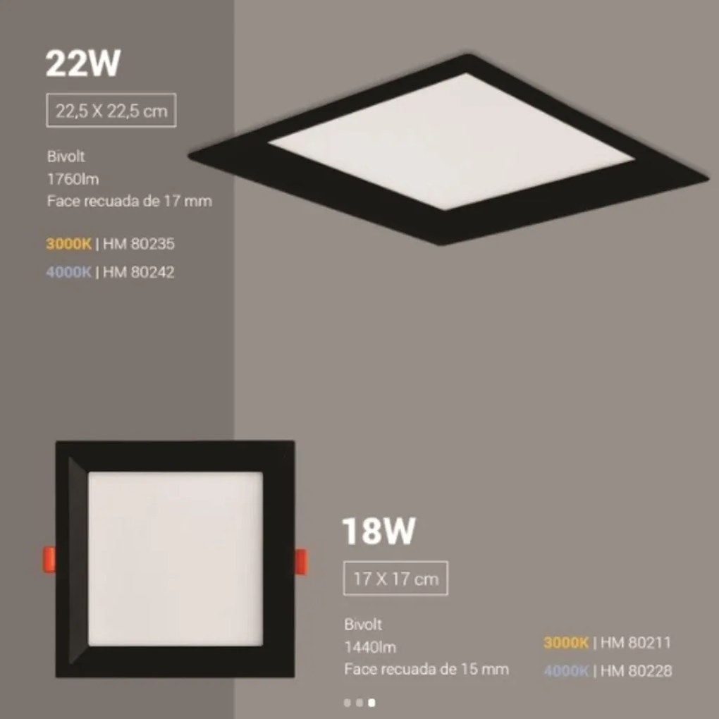 Embutido Quadrado Recuado 22,5X22,5Cm Led 22W 3000K Bivolt - Preto / D...