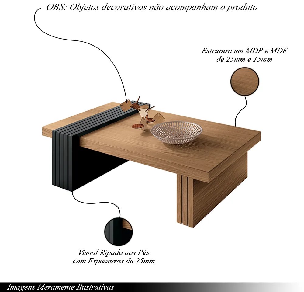 Mesa de Centro para Sala de Estar Riad Freijó/Preto  G26 - Gran Belo