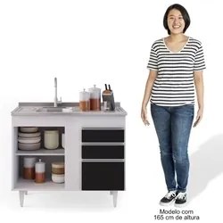 Balcão Gabinete Com Pia Inox 100cm 2 Portas 2 Gavetas Luziania Branco/