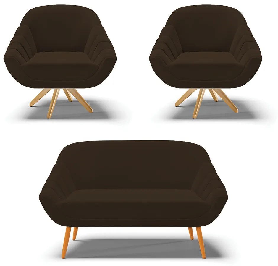 Kit 01 Namoradeira 02 Lugares e 02 Poltronas Giratória Giovana Suede Marrom Base Madeira MA30 - D'Rossi
