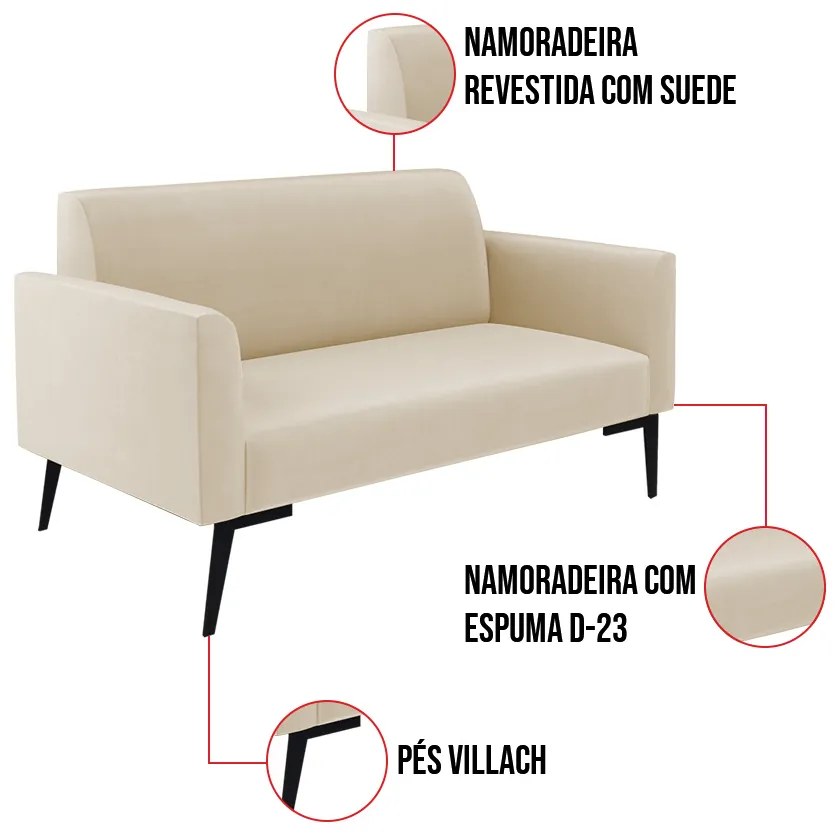 Sofá Namoradeira com 2 Poltronas Pés Villach Marisa Suede D03 - D'Rossi - Bege
