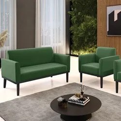 Sofá Namoradeira e 1 Poltrona Base Madeira Preto Maressa Suede Verde -
