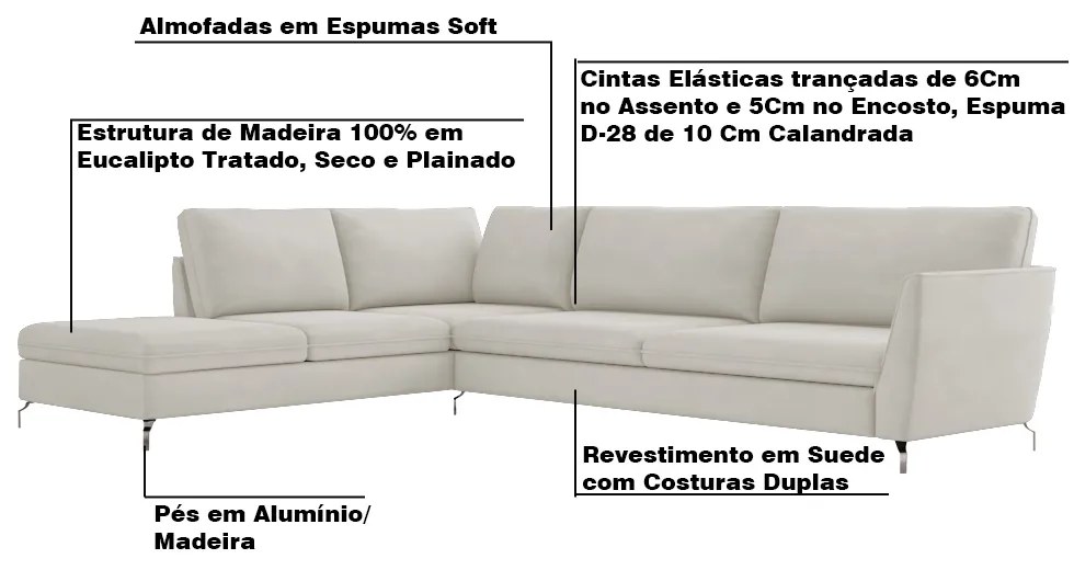 Sofá de Canto Chaise Esquerdo 307 cm Olívia Suede Bege G52 - Gran Belo