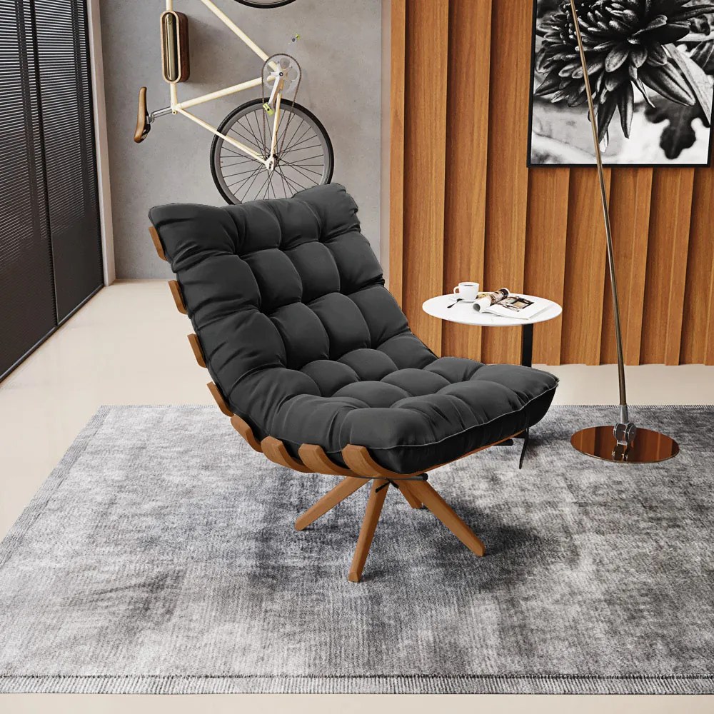 Poltrona Giratória Costela Suede Preto Base de Madeira MA30 M11 - D'Rossi