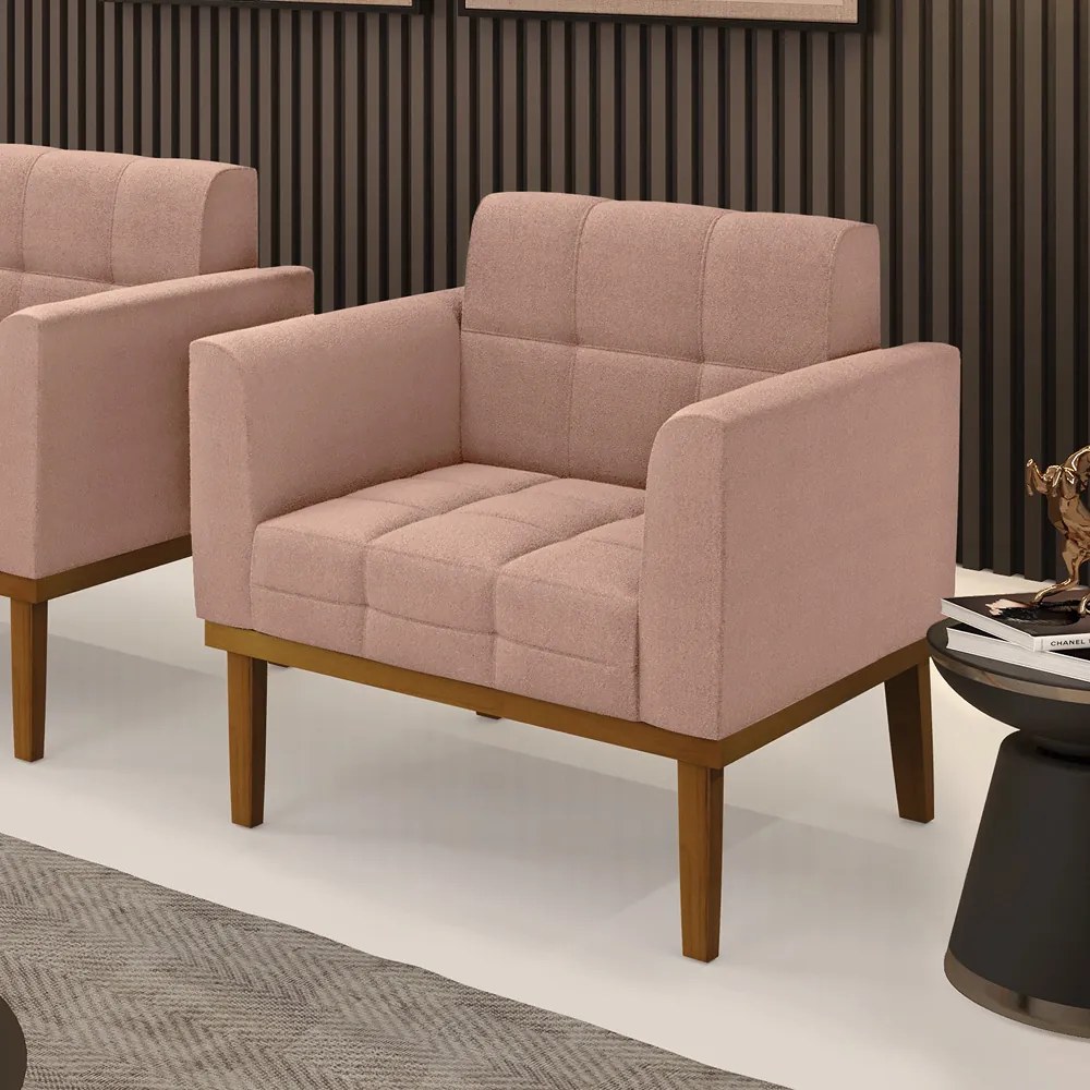 Poltrona Sala Decorativa Elisa Base de Madeira Castanho Bouclê D03 - D'Rossi - Rose