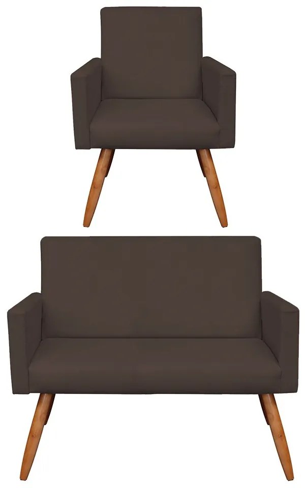 Kit 01 Namoradeira com 01 Poltrona Larissa Suede Pés Palito Castanho D'Rossi - Marrom