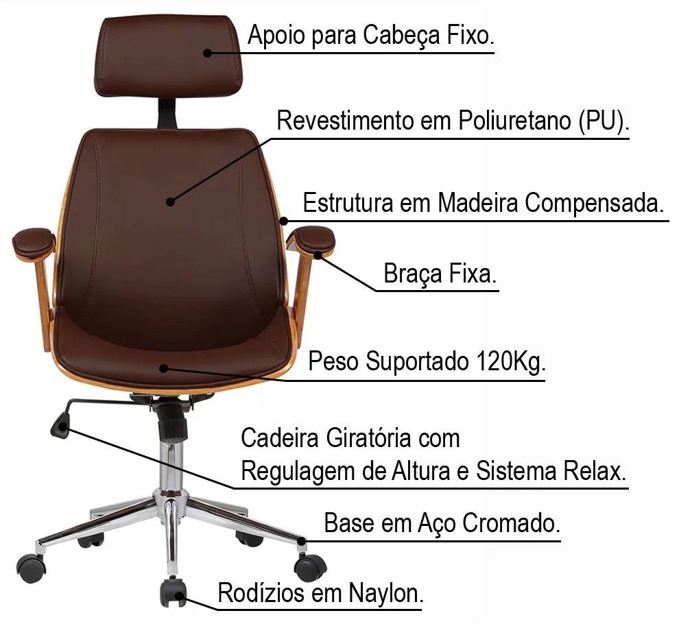 Kit 02 Cadeiras de Escritório Presidente Giratória com Regulagem de Altura Akon PU Sintético Marrom G56 - Gran Belo