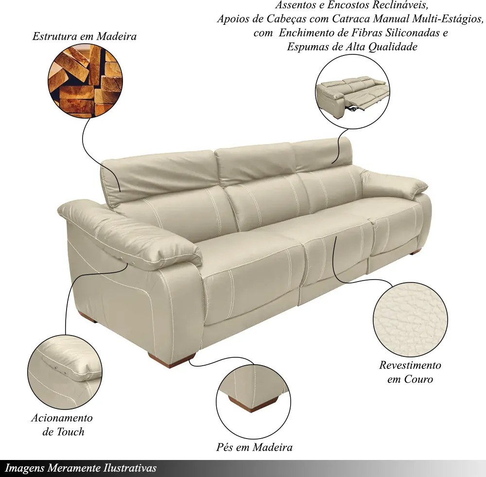 Sofá Elétrico Reclinável Sala de Estar Concepción U076 308cm Modulado Botão Touch Couro Bege Claro G49 - Idea Relax By Natuzzi Group