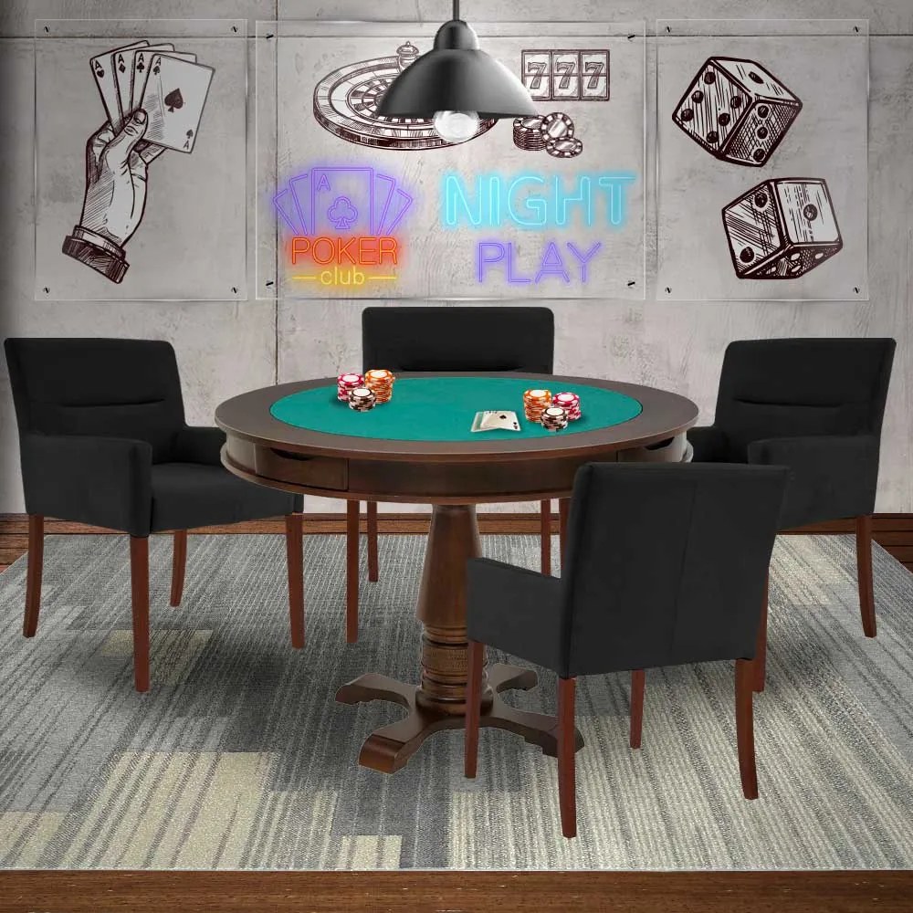 Mesa de Jogos Carteado Victoria Redonda Tampo Reversível Imbuia com 4 Cadeiras Vicenza Preto Fosco G36 G15 - Gran Belo