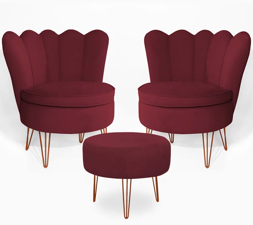 Conjunto 2 Poltrona Dália com Puff Chloe Pés Hairpin Legs Bronze Veludo Bordô