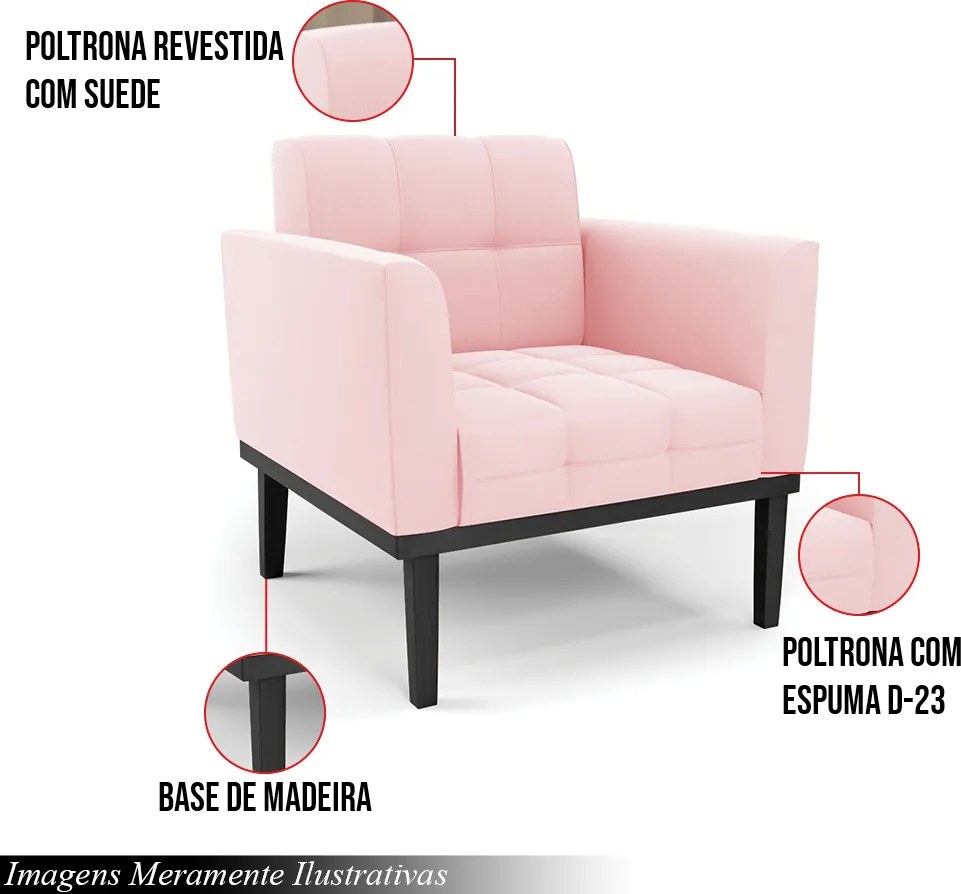Kit 2 Poltronas Decorativas Karen Pés Fixo em Madeira Preto Suede Rosa Bebê G19 - Gran Belo