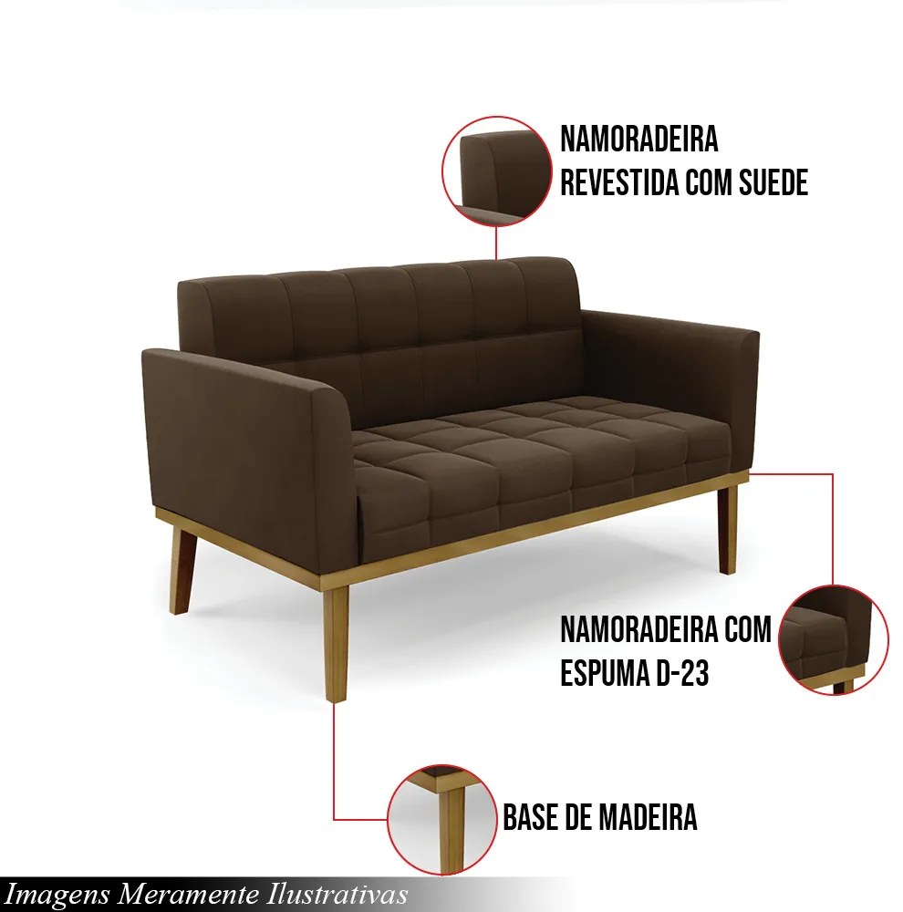 Poltrona Namoradeira Decorativa Karen Pés Fixo em Madeira Castanho Suede Marrom 19 - Gran Belo