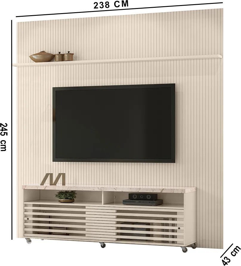 Painel TV 75 Pol 238cm Ripado Kalven com Rack Bancada Nerion M20 - D'Rossi - Calacata(brilho)/Off White(brilho)