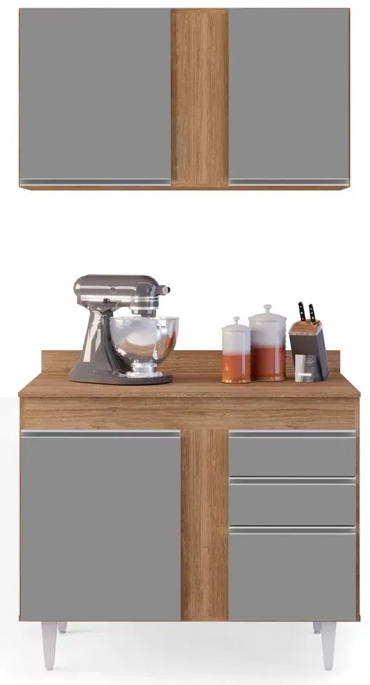 Kit Armário Aéreo e Balcão de Cozinha Lavanderia Aurora com Tampo 100 cm - D'Rossi - Castanho e Cinza