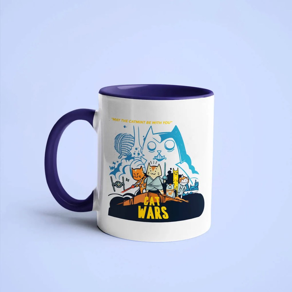 Caneca Cat Wars Geek Nerd Branca com Alça Azul Escuro