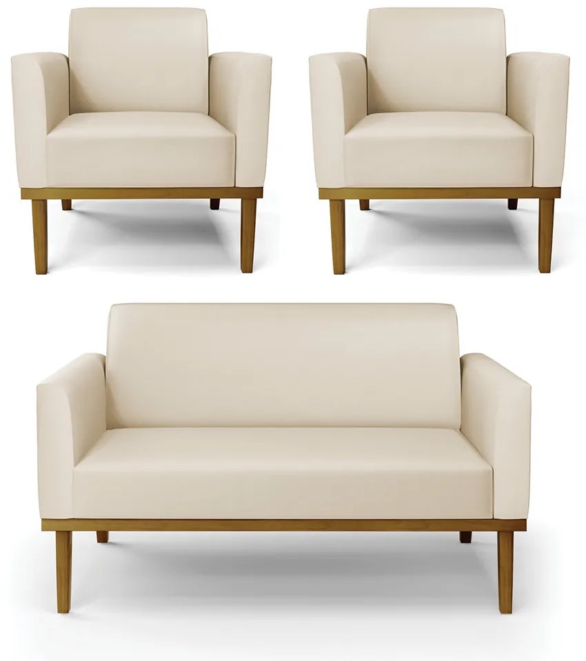 Conjunto 2 Poltronas e 1 Namoradeira Decorativa Isabella Pés Fixo em Madeira Castanho PU Bege G19 - Gran Belo