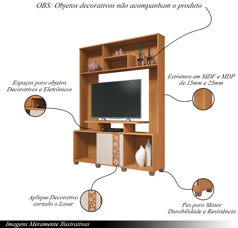 Estante Decorativo MDP/MDF Porta com Dobradiças Laterais Jida TV até 47 Pol Cinamomo/Off White G26 - Gran Belo
