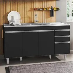Balcão Gabinete com Pia Inox 150cm 4 Portas 2 Gavetas Marrocos Preto -