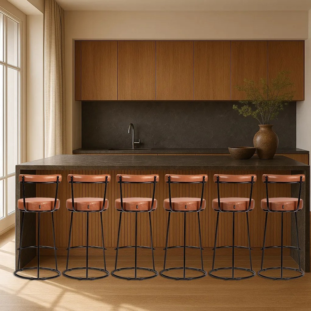 Banqueta Alta Cozinha 70cm Encosto Industrial Aço Kit 6 Ziria Pu S02 - D'Rossi - Caramelo