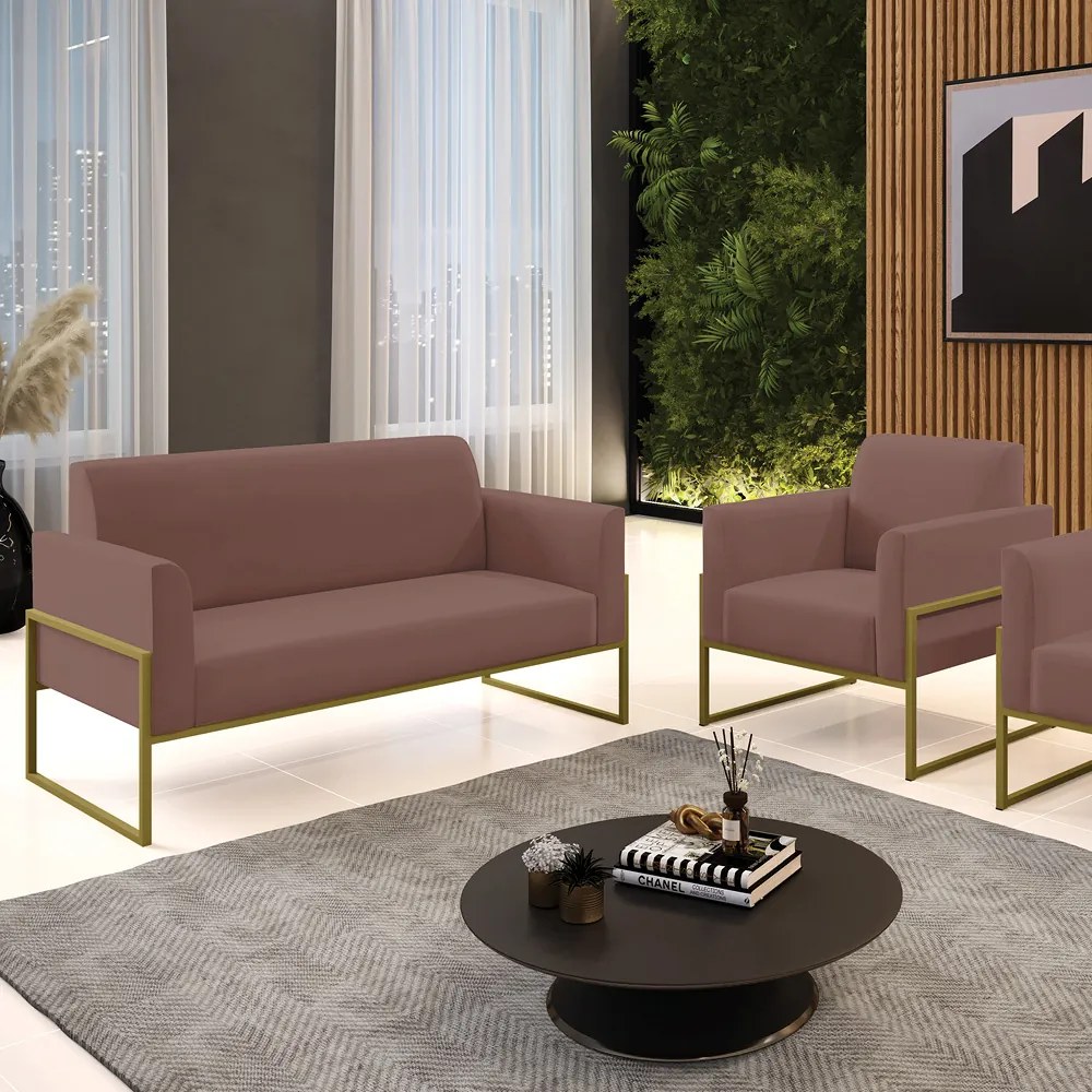 Sofá Namoradeira com Poltrona Base Industrial Alta Dourado Marisa Veludo D03 - D'Rossi - Rose