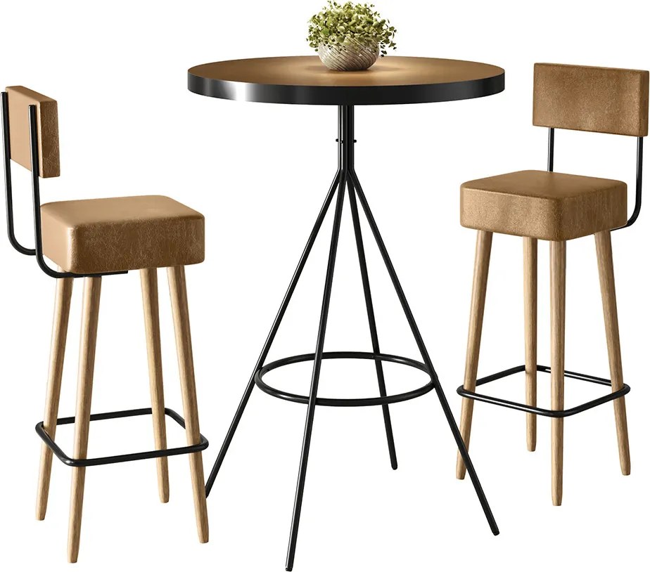Mesa Bistrô Alta Dhalia e 2 Banquetas 70cm Barcelona PU S02 - D'Rossi - Caramelo