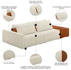 Sofá Ilha Modular Living com Puff 232cm Georgia Z08 Boucle Bege/Carame