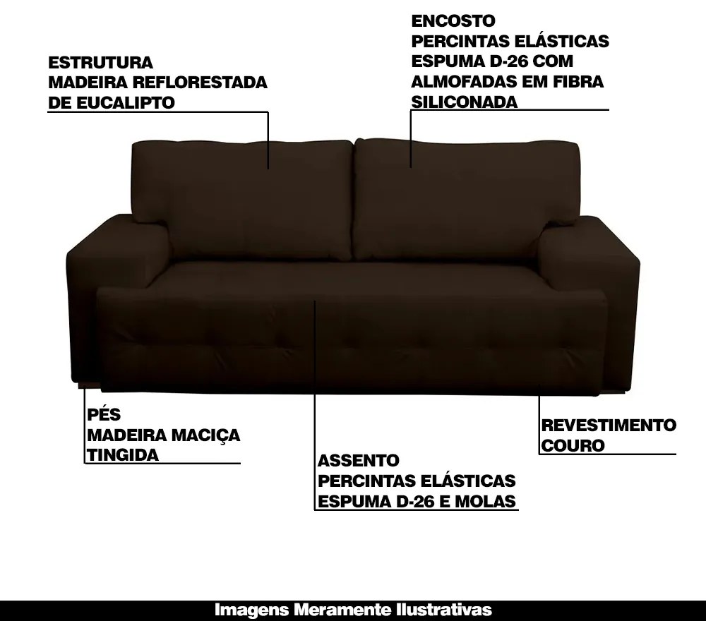 Sofá 3 Lugares Sala de Estar Roma 230 cm Couro Marrom G58 - Gran Belo