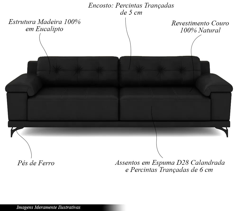 Sofá Living 3 lugares 215cm Agostino Pés Design em Ferro Couro Preto G52 - Gran Belo