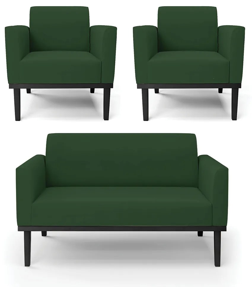 Conjunto 2 Poltronas e 1 Namoradeira Decorativa Isabella Pés Fixo em Madeira Preto Veludo Verde Esmeralda G19 - Gran Belo