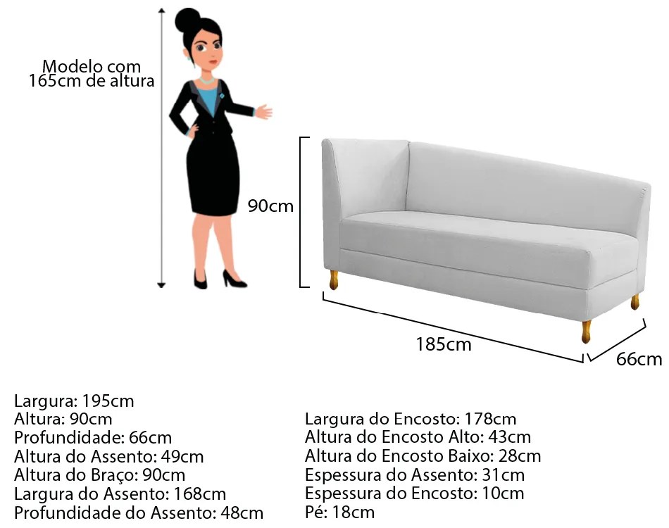Recamier Valéria 185cm Lado Esquerdo Corano Branco - ADJ Decor