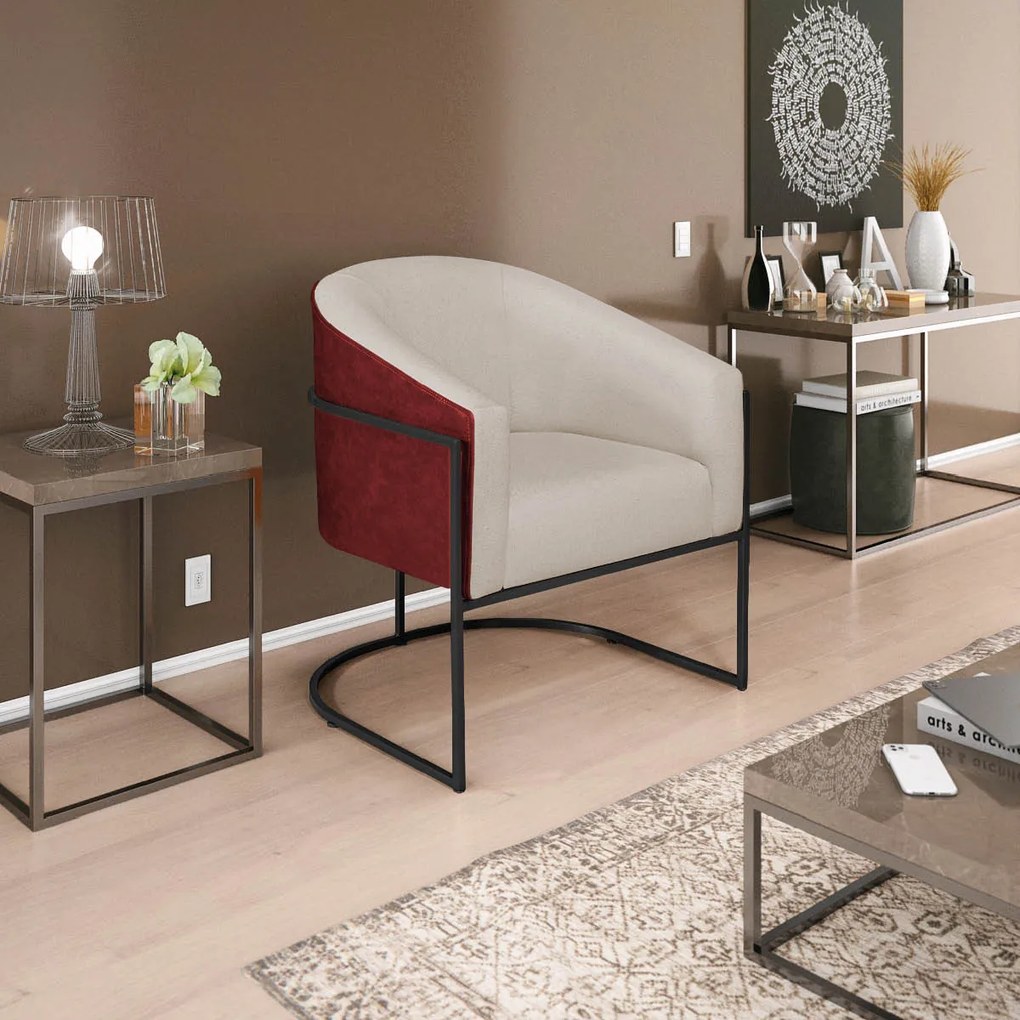 Poltrona Luiza Base de Ferro Preto Factor Vermelho e Linho - ADJ Decor
