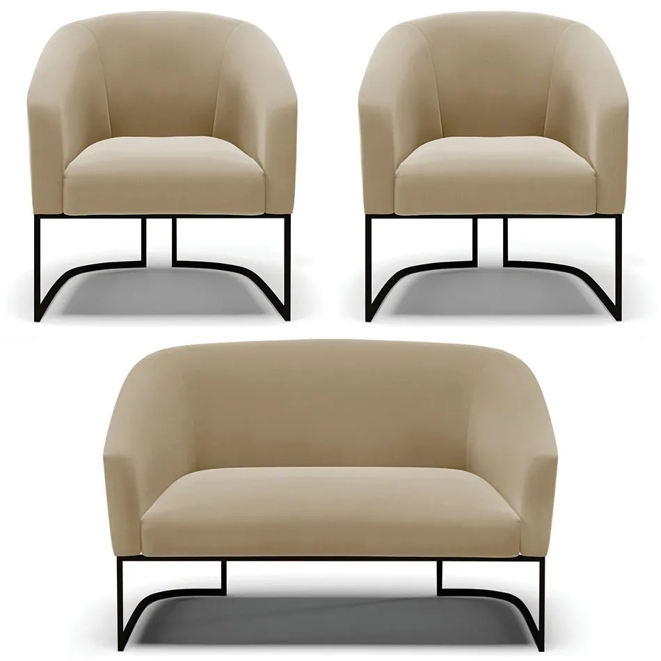 Namoradeira e 2 Poltronas Industrial Preto Stella Suede D03 - D'Rossi - Marrom Rato