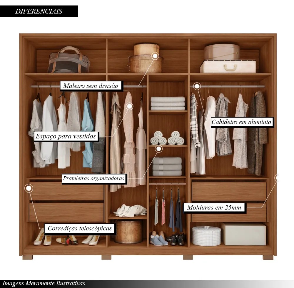 Guarda Roupa Casal 268cm Bravus 6 Portas de Bater com 4 Gavetas MDP Freijo/OffWhite G11 - Gran Belo